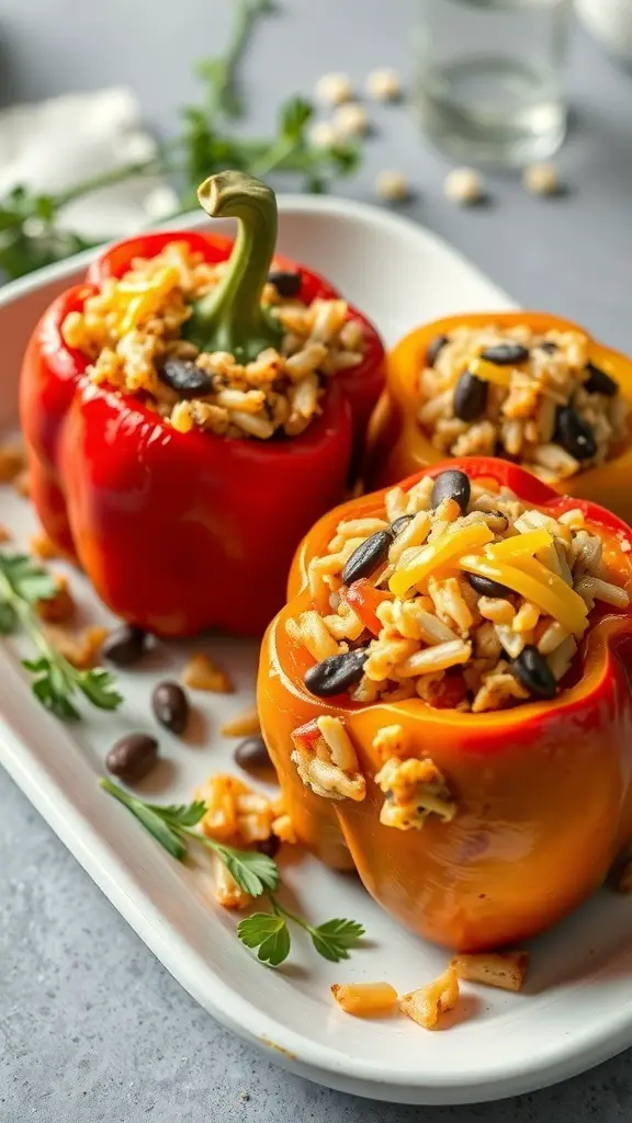 Stuffed bell peppers filled with rice, beans, and cheese on a white platter.