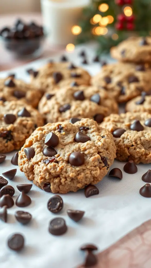 A plate of oatmeal raisin cookies with chocolate chips, surrounded by chocolate chips and festive decorations.