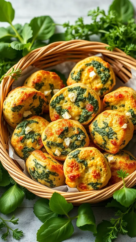 A basket filled with golden spinach and feta puffs, surrounded by fresh greens.