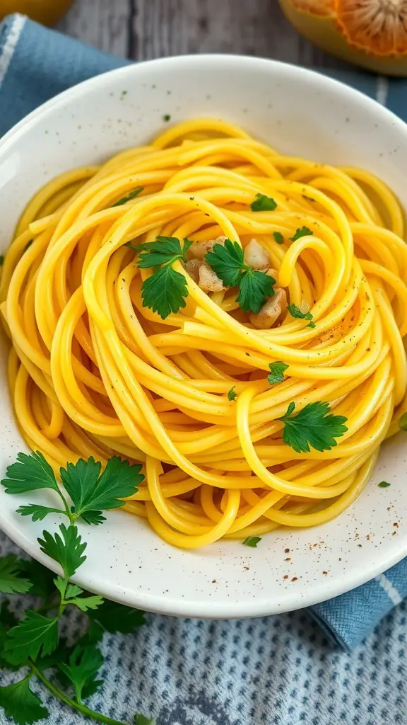A bowl of spaghetti squash topped with garlic and parsley.