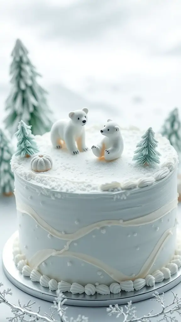 A winter-themed cake topped with polar bear figurines and snowy decorations.