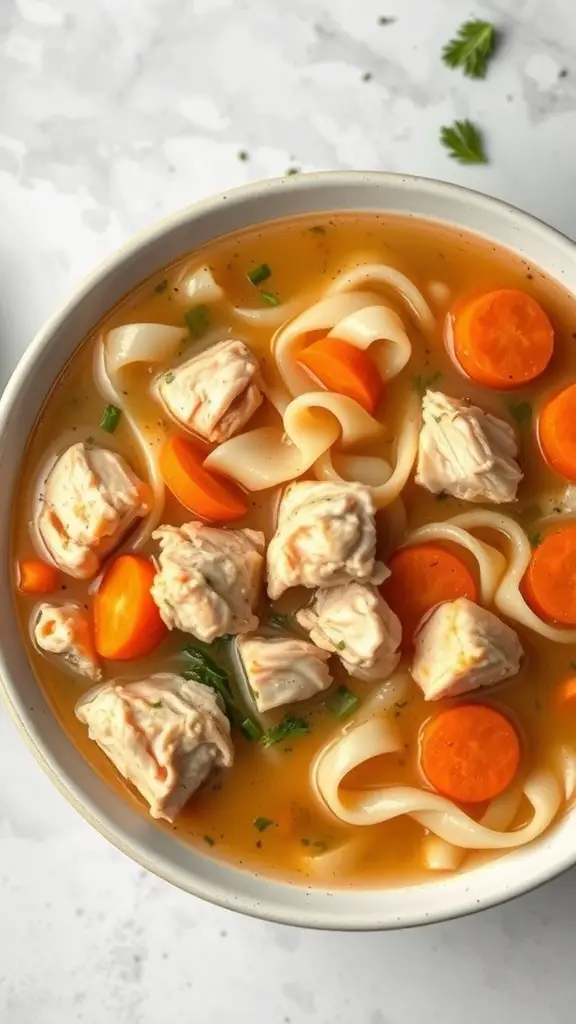 A bowl of classic chicken noodle soup with chicken, noodles, and carrots.