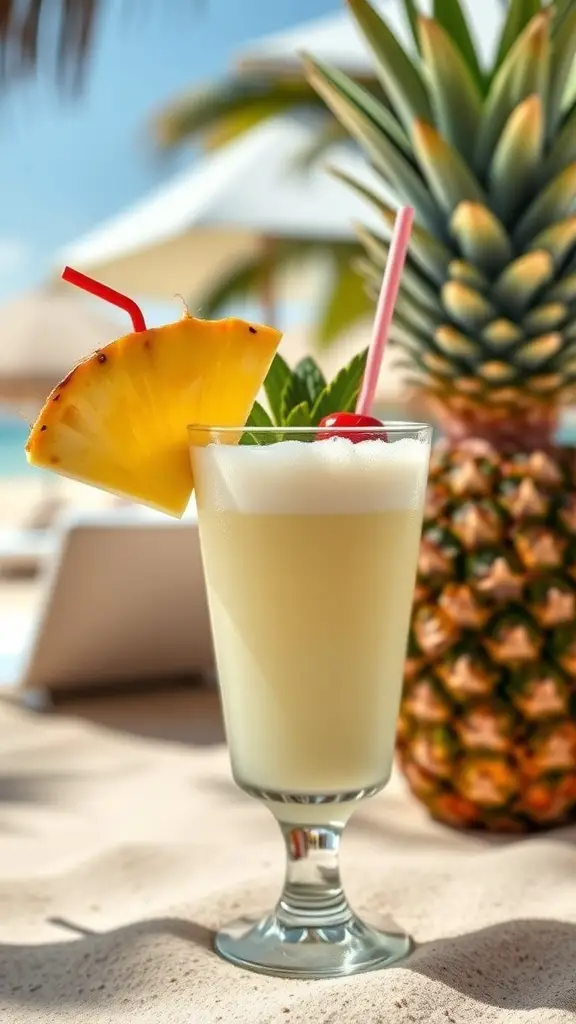 A refreshing Pineapple Coconut Mocktail garnished with a pineapple slice and cherry, with a pineapple in the background.