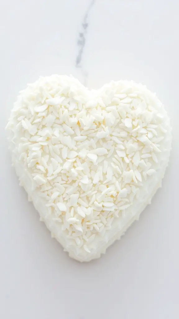 A heart-shaped coconut cream cake covered in shredded coconut.