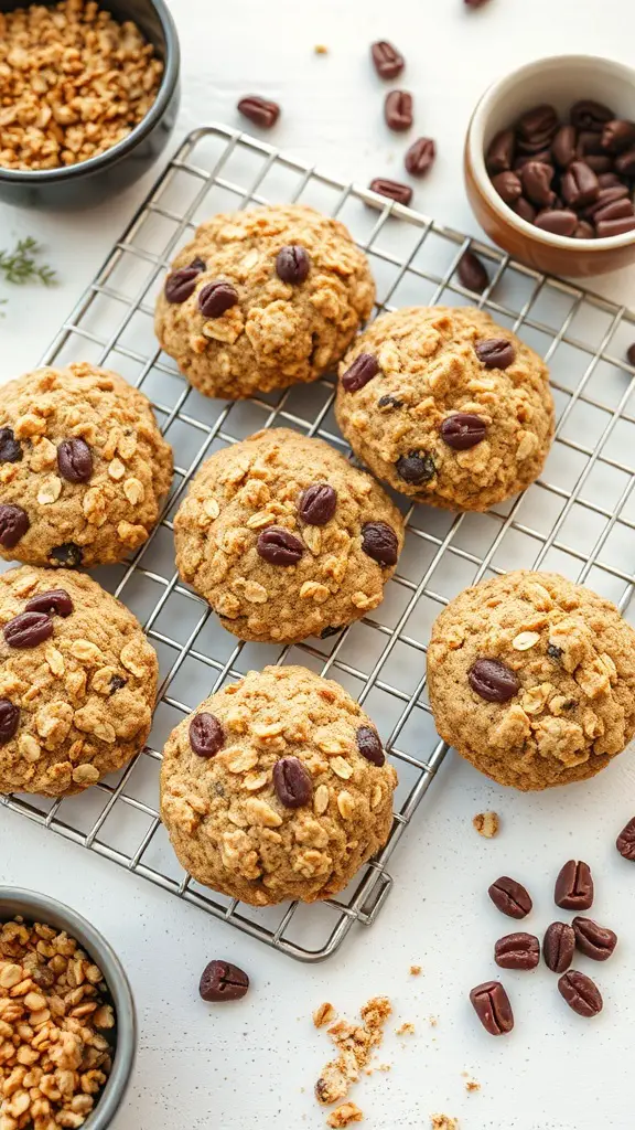 A batch of vegan oatmeal raisin cookies on a cooling rack, topped with oats and chocolate-covered coffee beans.