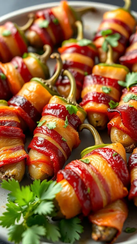 A plate of crispy bacon-wrapped jalapeño poppers garnished with cilantro.