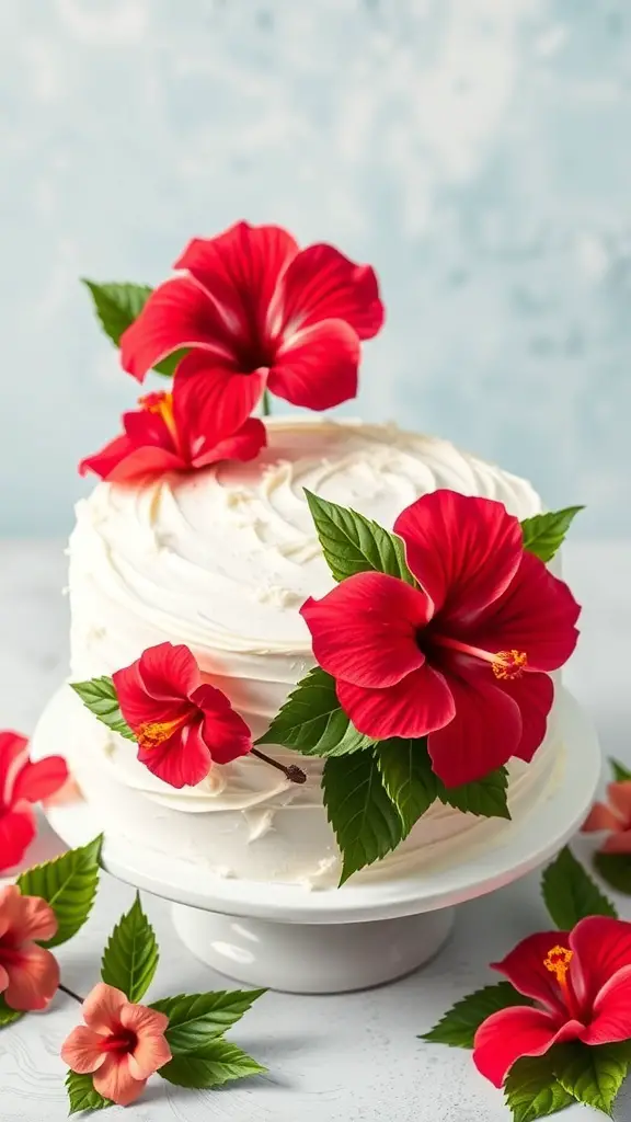 A beautifully decorated hibiscus floral cake with coconut cream, featuring vibrant red flowers and green leaves.
