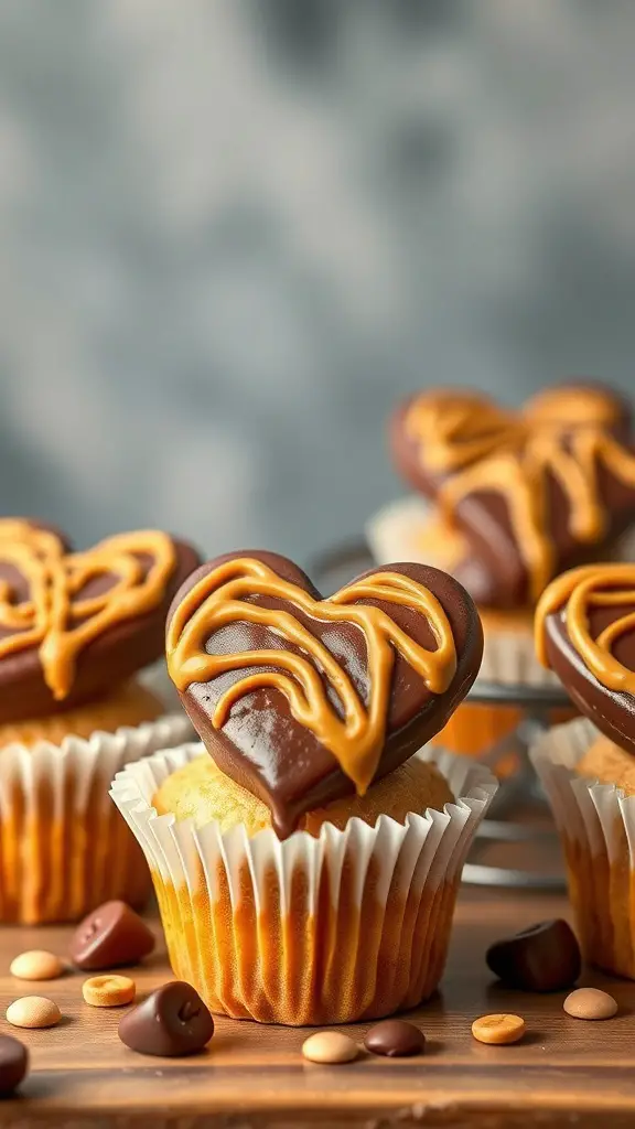 Heart-shaped peanut butter cup cupcakes with chocolate and peanut butter drizzle