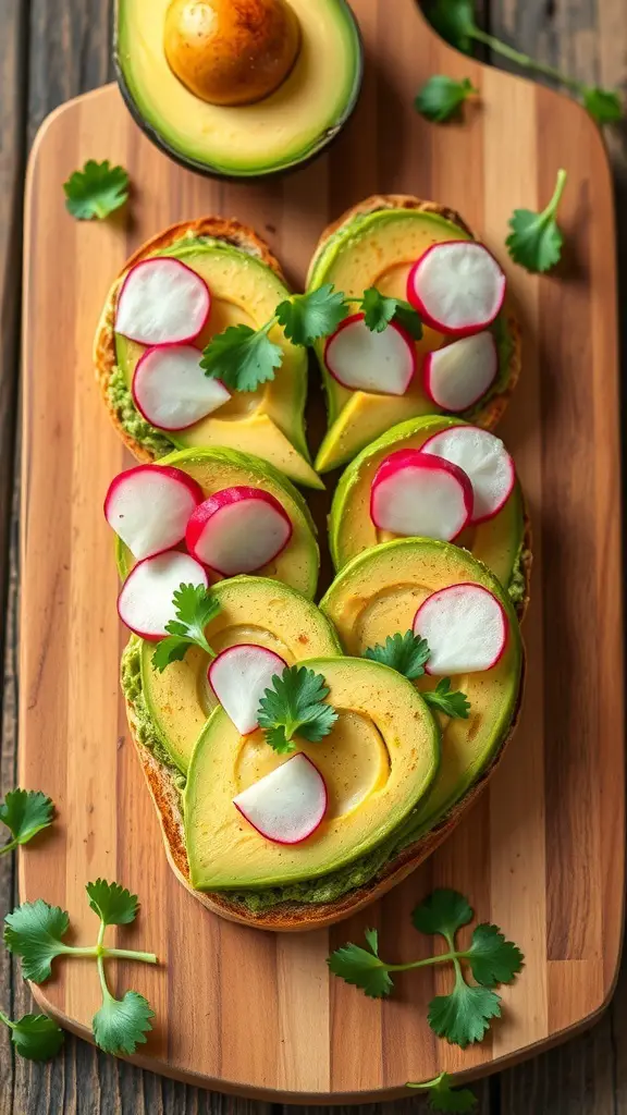 Heart-shaped guacamole toasts topped with radishes and cilantro on a wooden board.