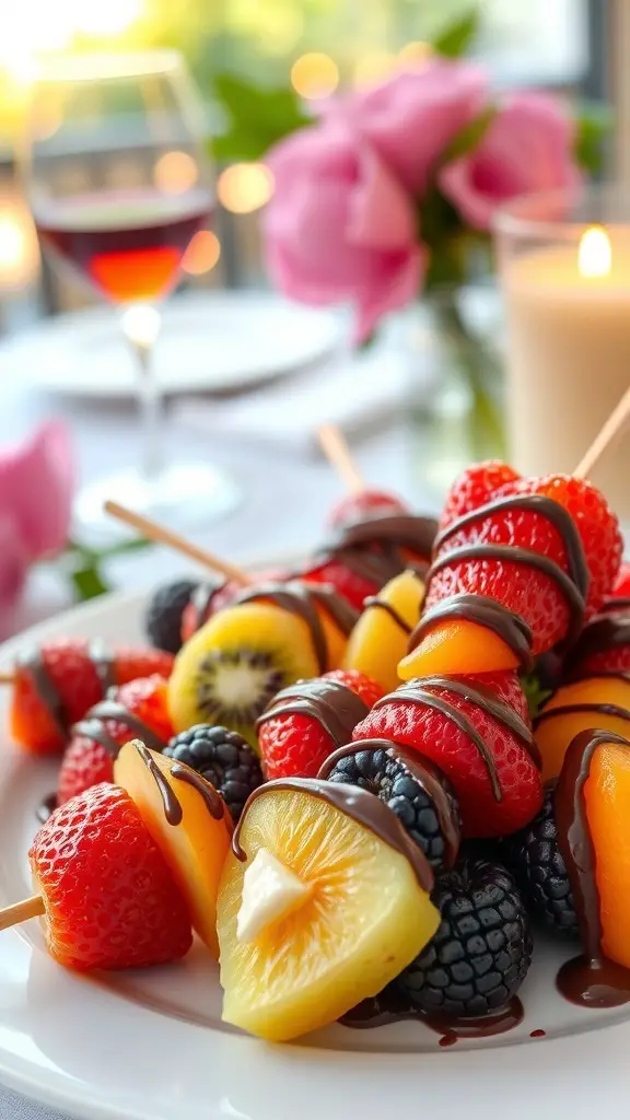 Colorful fruit skewers drizzled with chocolate on a plate, with a romantic setting in the background.
