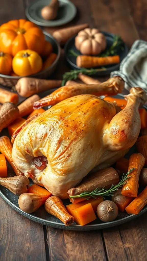 A beautifully roasted chicken surrounded by colorful vegetables on a wooden table.