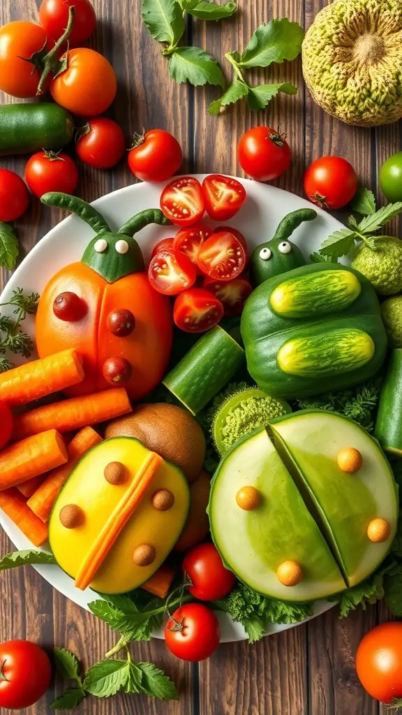 A colorful veggie platter shaped like bugs, featuring bell peppers, cucumbers, and cherry tomatoes.