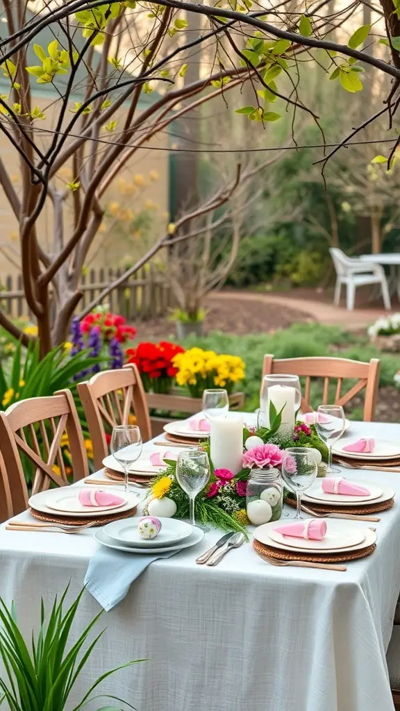 Outdoor Easter dinner table setting with flowers, decorative eggs, and a white tablecloth