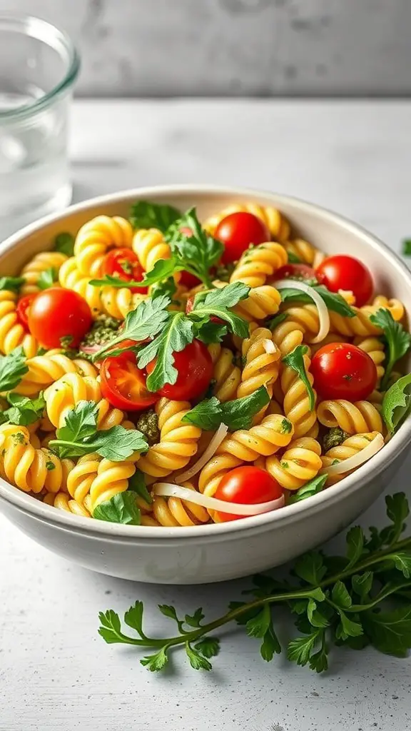 A bowl of pesto pasta salad with cherry tomatoes and fresh greens.