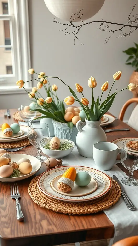Easter dinner table setting with mixed dishware, flowers, and decorative eggs