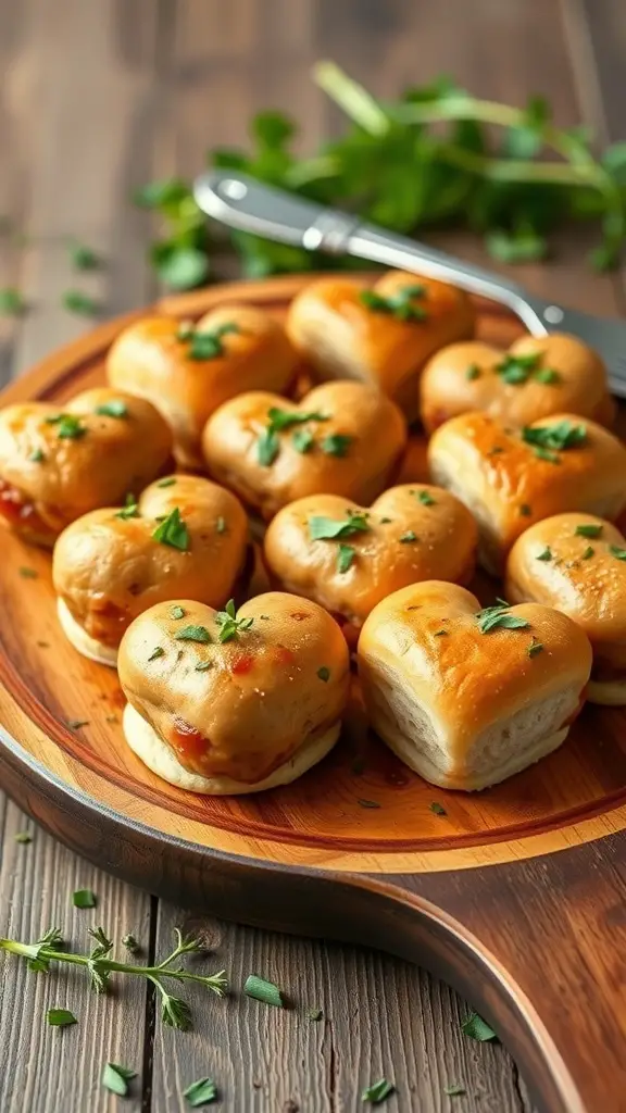 A platter of heart-shaped meatball sliders garnished with herbs.