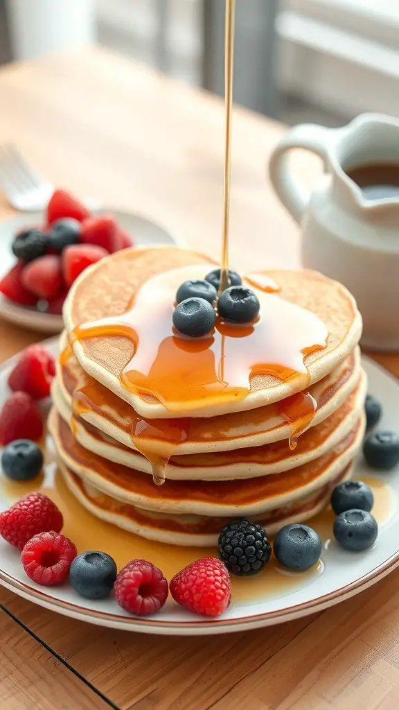 Stack of heart-shaped pancakes topped with blueberries and syrup, served with mixed berries on the side.