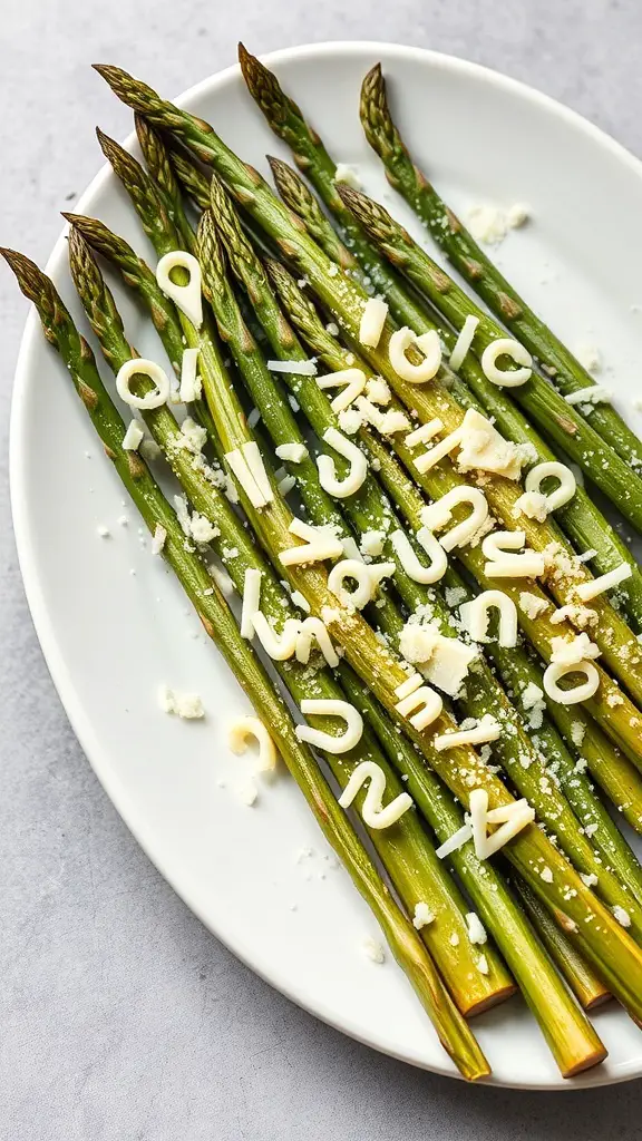 A plate of baked asparagus topped with Parmesan cheese.