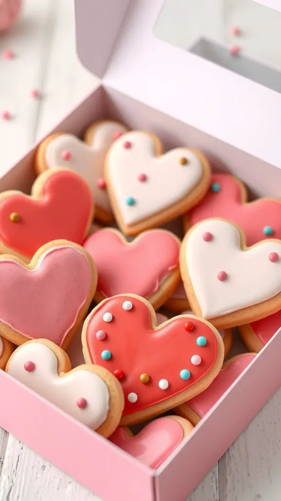 A box filled with heart-shaped sugar cookies decorated in pink and red icing.