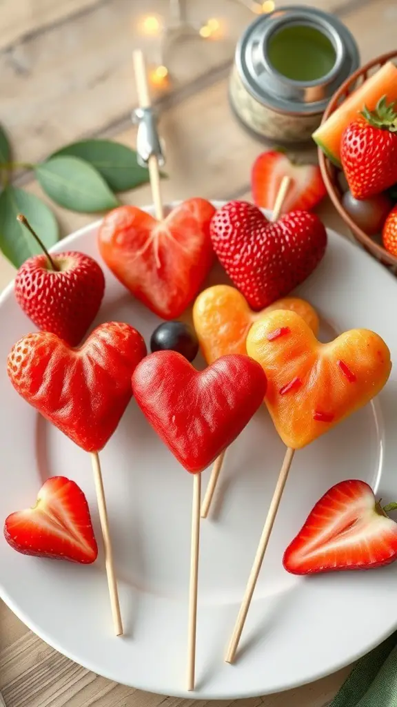 A plate of heart-shaped fruit kabobs made from strawberries, watermelon, and cantaloupe.