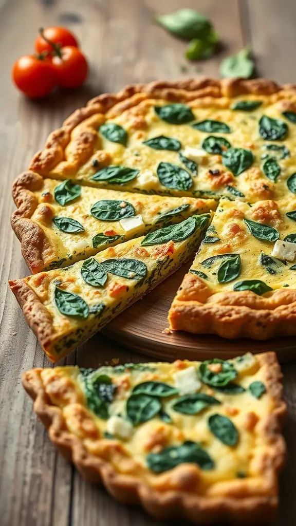 A delicious spinach and feta frittata with a golden crust, garnished with fresh spinach leaves and accompanied by cherry tomatoes.
