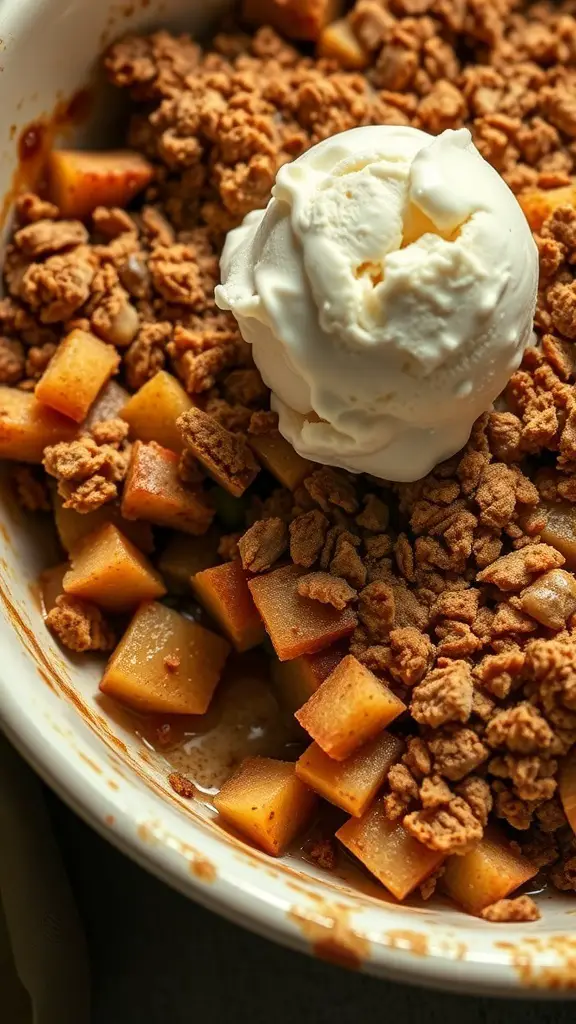 A bowl of cinnamon apple crisp topped with a scoop of vanilla ice cream.