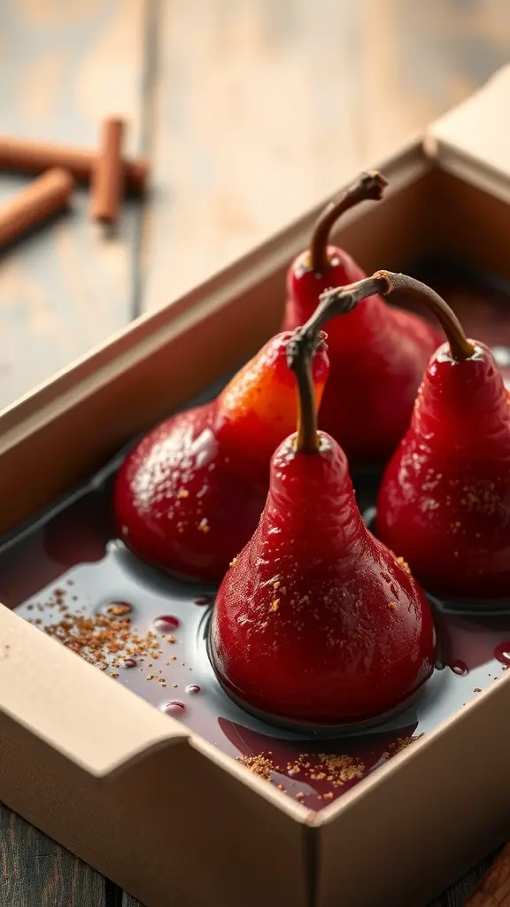 Three red wine poached pears in a dessert box with a rich sauce
