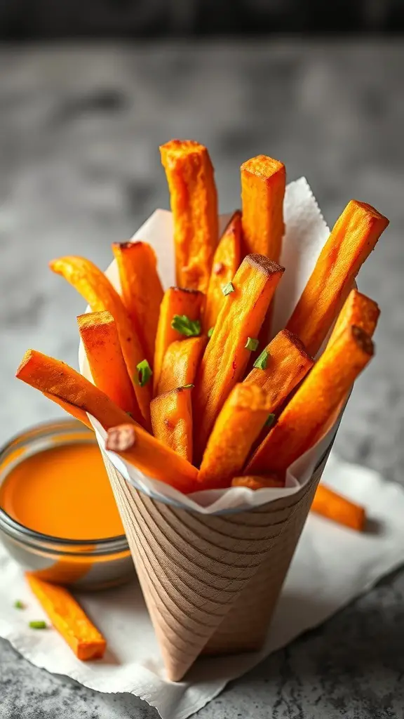 A cone filled with baked sweet potato fries next to a small bowl of dipping sauce.
