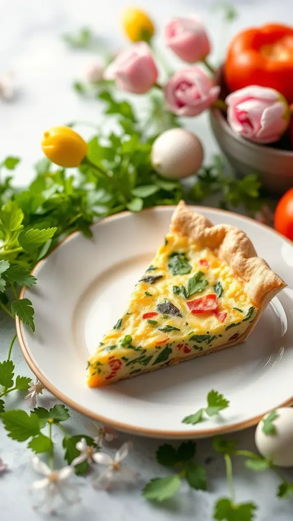 A slice of Spring Vegetable Quiche on a plate, surrounded by fresh herbs and colorful flowers.