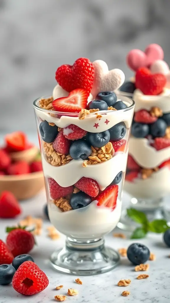 Colorful parfaits with layers of yogurt, granola, and fresh berries, topped with heart-shaped candies.