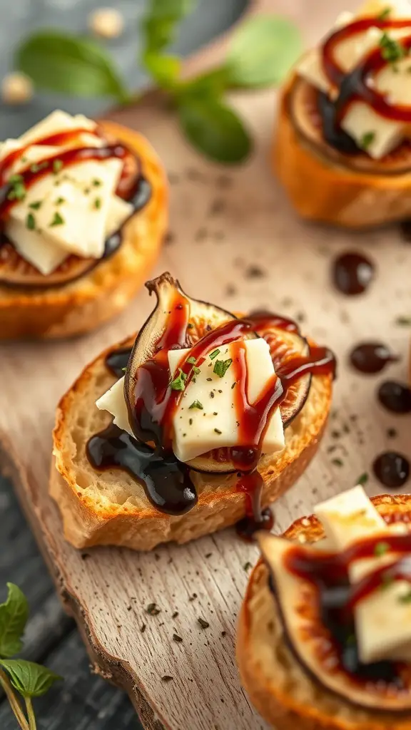 Sweet and savory fig crostini topped with cheese and balsamic reduction on a wooden board.