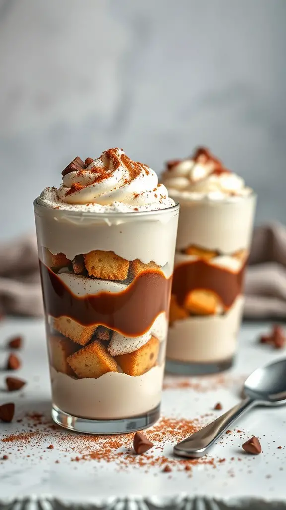 Two tiramisu dessert cups layered with coffee-soaked ladyfingers and mascarpone cream, topped with whipped cream and cocoa powder.