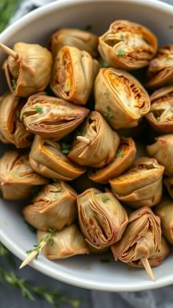 A bowl of marinated artichoke hearts garnished with herbs.