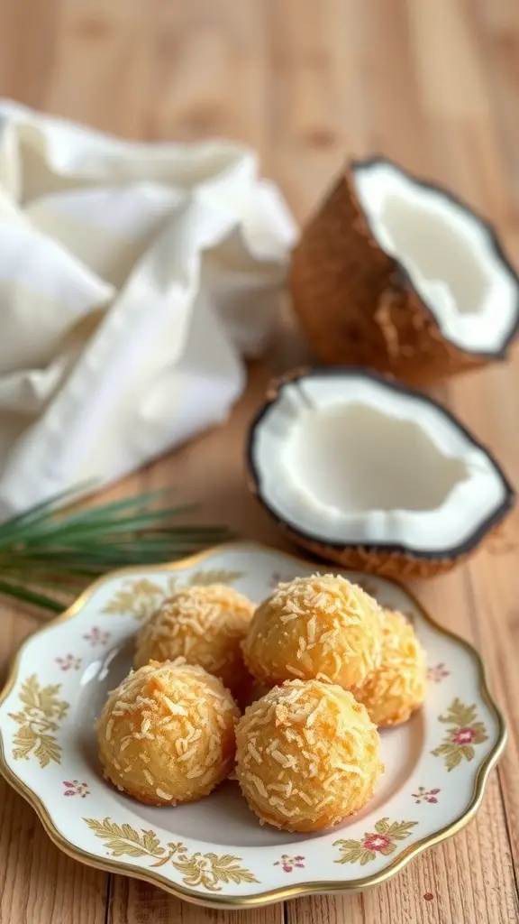A plate of coconut macaroons with fresh coconuts in the background.