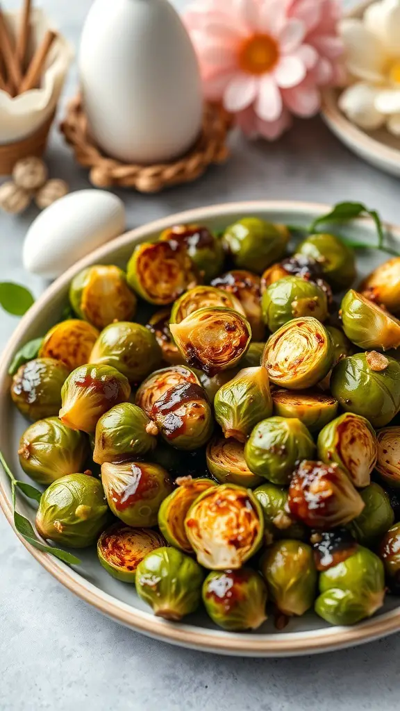 A plate of balsamic roasted Brussels sprouts, garnished and ready to serve.