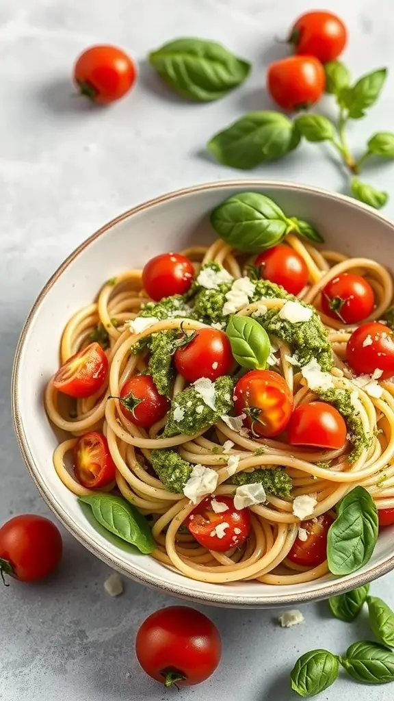 A bowl of pesto pasta with cherry tomatoes and basil leaves, garnished with cheese.