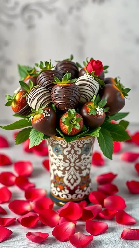 A bouquet of chocolate-covered strawberries in a decorative vase surrounded by rose petals.