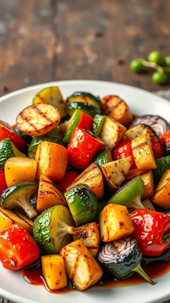 A colorful platter of grilled vegetables including bell peppers, zucchini, and eggplant.