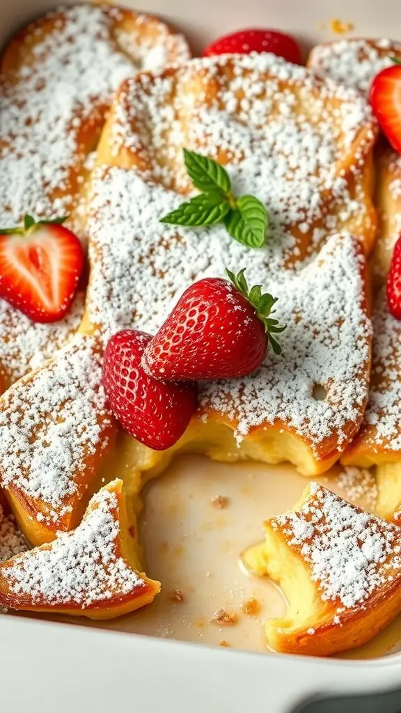 A delicious French toast casserole topped with powdered sugar and strawberries