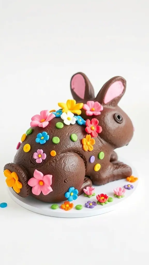 A chocolate bunny cake decorated with colorful flowers and candy dots.