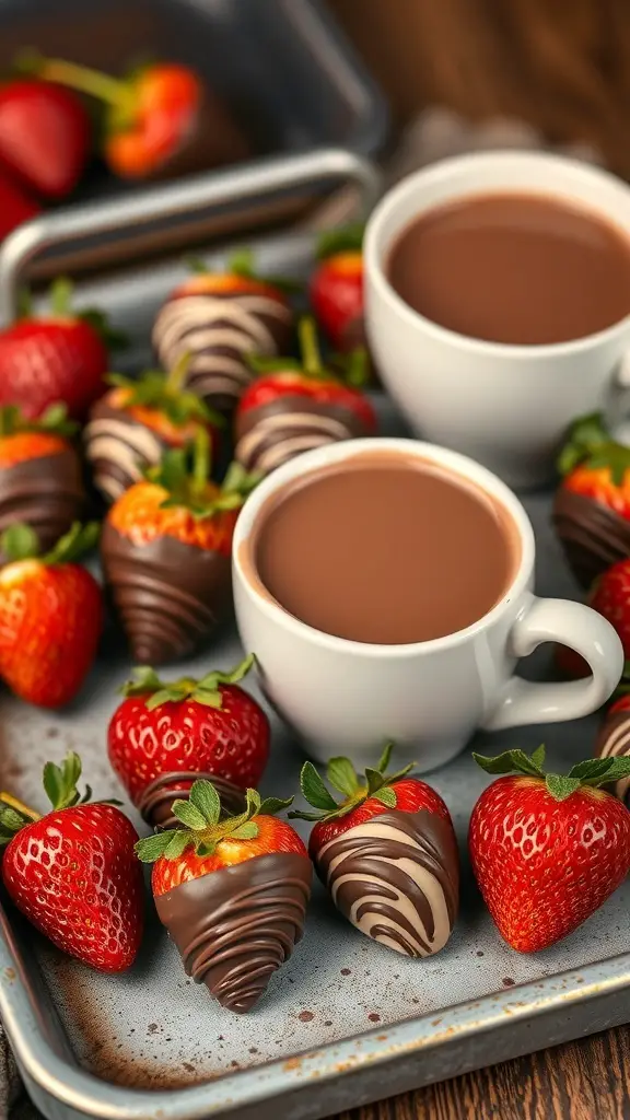 A breakfast tray featuring chocolate dipped strawberries and cups of hot chocolate.