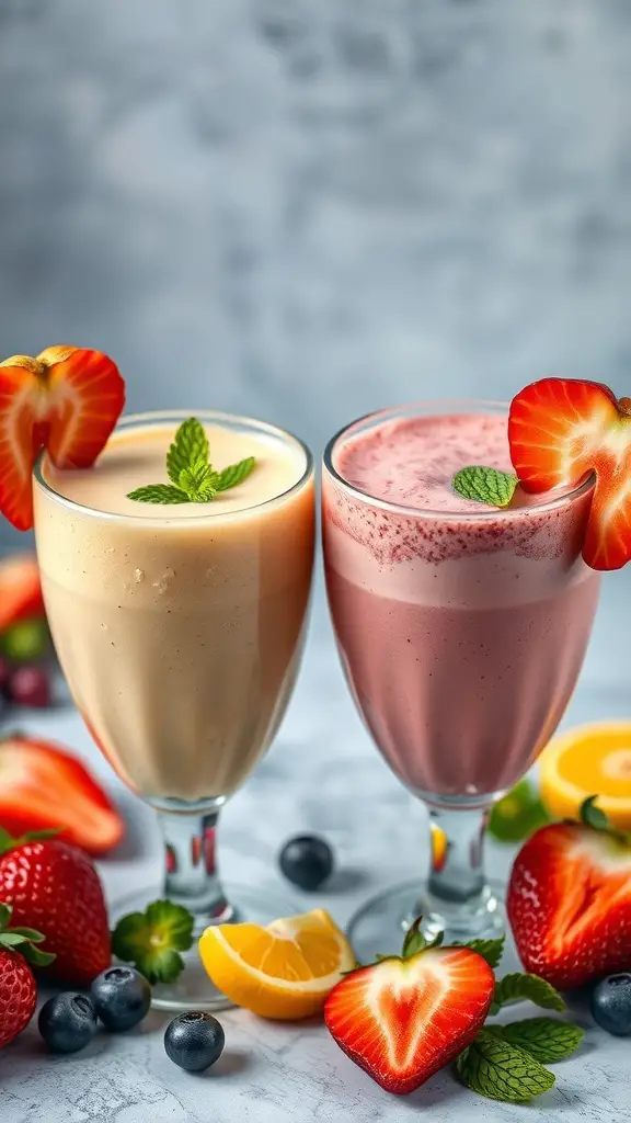 Two colorful fruit smoothies in glasses, garnished with strawberries and mint, surrounded by fresh fruits.