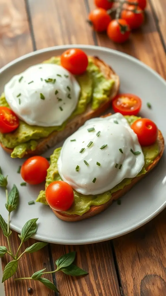 Avocado toast topped with poached eggs and cherry tomatoes on a plate