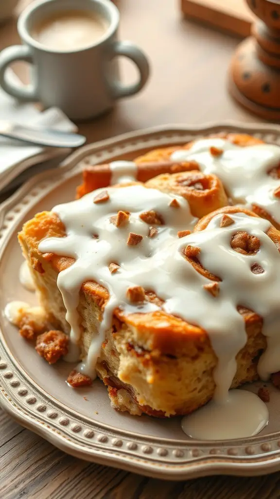 A delicious cinnamon roll casserole topped with cream cheese glaze, served on a decorative plate with a cup of coffee in the background.