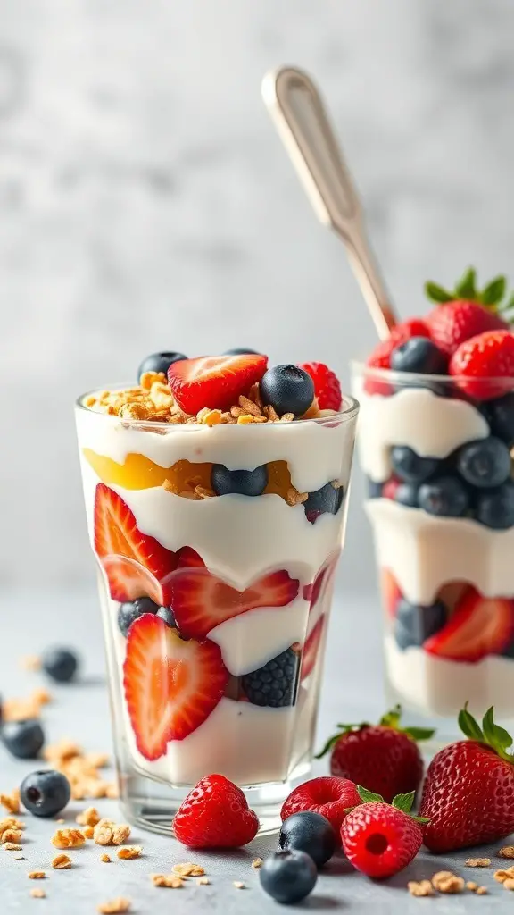 Fruit and yogurt parfaits in clear glasses with layers of yogurt, berries, and granola.