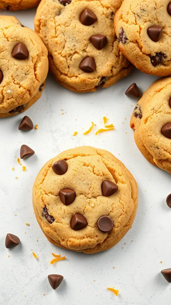 Orange Zest and Chocolate Chip Cookies with chocolate chips and orange zest sprinkled around