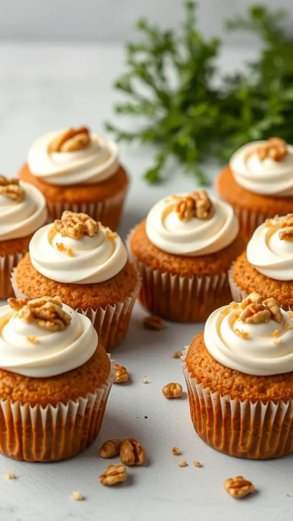 Carrot cake heart cupcakes with cream cheese frosting and walnuts on top