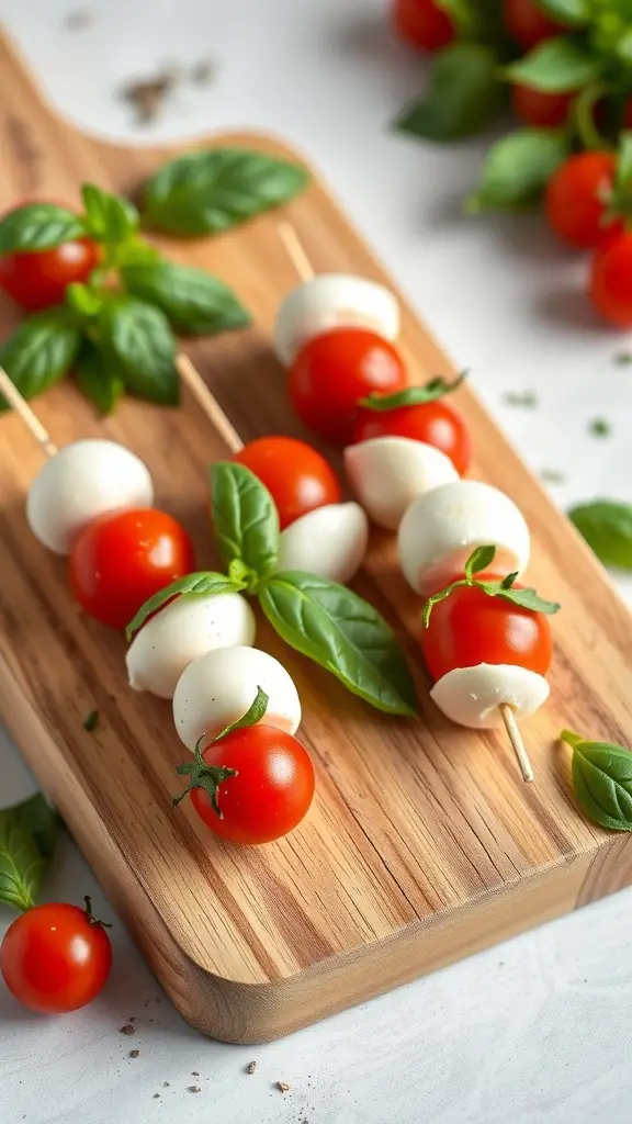 Mini Caprese skewers with cherry tomatoes, mozzarella, and basil on a wooden board