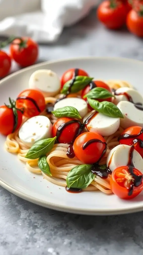 A plate of Caprese pasta salad featuring cherry tomatoes, mozzarella, and basil drizzled with balsamic glaze.