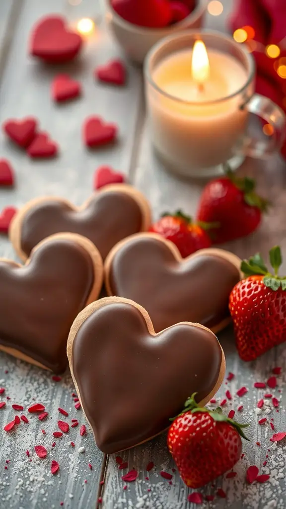 Heart-shaped cookies dipped in chocolate with fresh strawberries and a candle